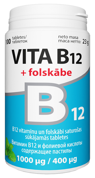 VITABALANS Vita B12 folio rūgštis 1000 µg /400 µg čiulpiamosios pastilės, 100 vnt.