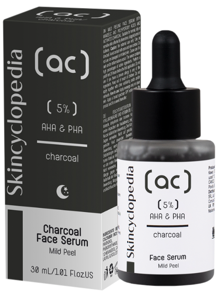 SKINCYCLOPEDIA Charcoal with 5% AHA + PHA Complex šveičiamasis serumas, 30 ml