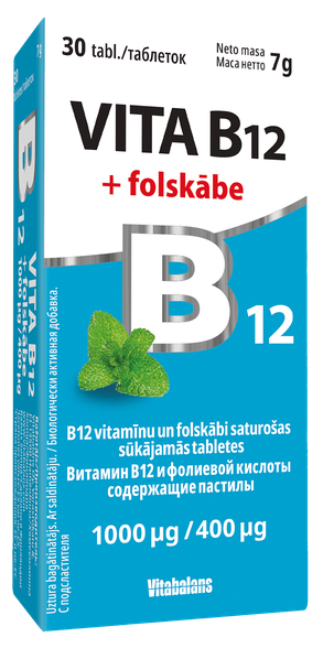 VITABALANS Vita B12 folio rūgštis 1000 µg /400 µg čiulpiamosios pastilės, 30 vnt.