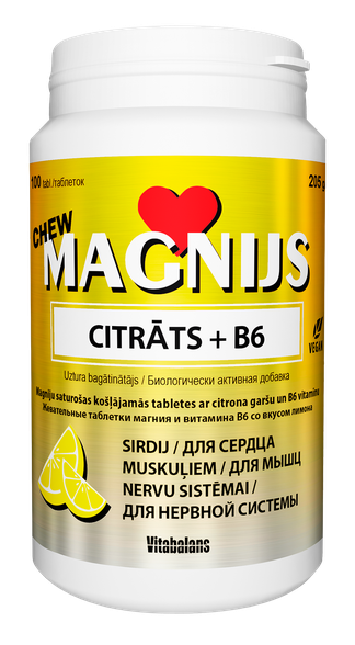 VITABALANS Magnijs Citrāts 375 mg + B6 Chew kramtomosios tabletės, 100 vnt.