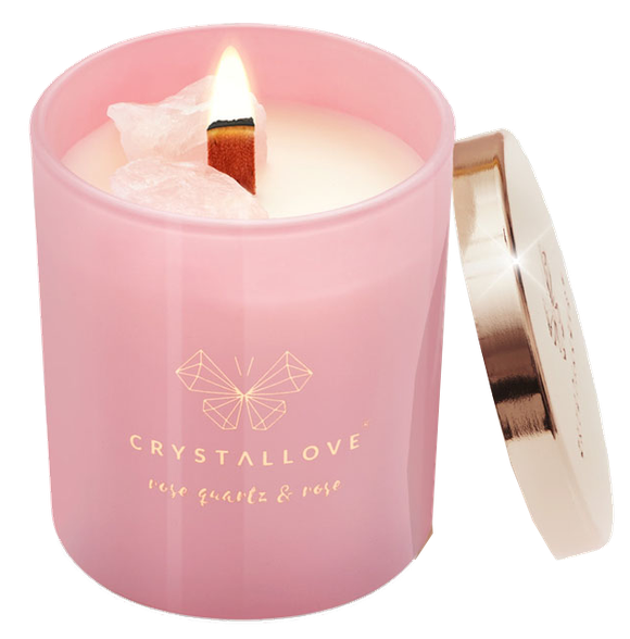 CRYSTALLOVE Clear Quartz & Rose Candle kvepianti žvakė, 1 vnt.