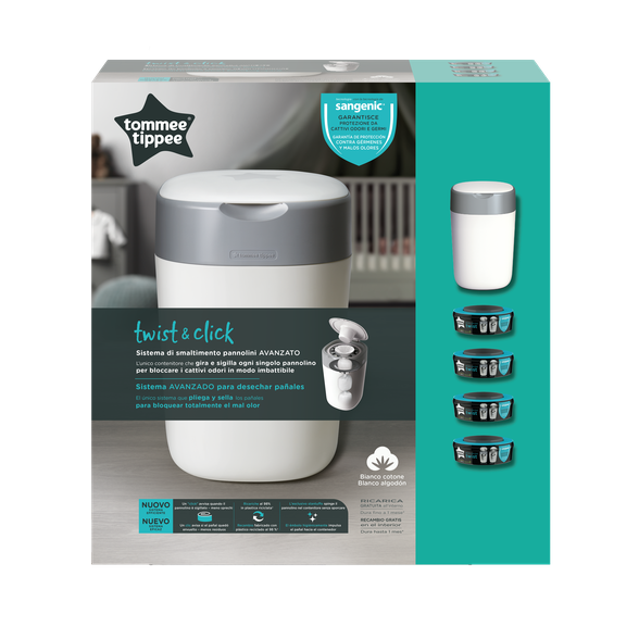 TOMMEE TIPPEE TOMMEE TIPPEE sangenic konteineris sauskelnėms Twist and Click Tub, su 4 kasetėm sauskelnių konteineris, 1 vnt.