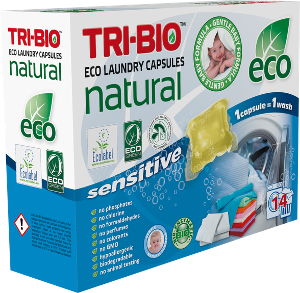 TRI-BIO Natural Sensitive kapsulės skalbimui, 14 vnt.